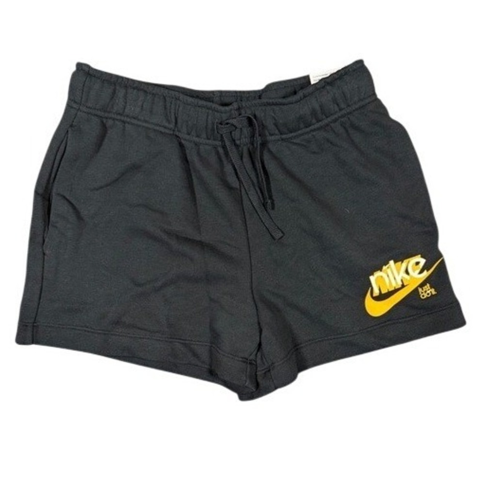 Nike Womens‎ Mid Rise 4 Inch Shorts Black Yellow Logo FN3631-010 Size S NEW